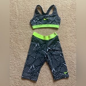 Nike pro green & black sport  bra and Capri tight shorts set